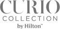 Logo of Curio Collection by Hilton, featuring stylized text in a monochromatic design, representing a hotel brand.