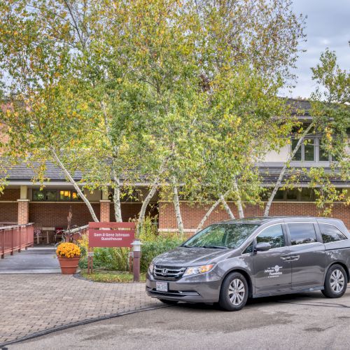 A suburban street with parked cars, trees, and a wooden fence; a family home and a couple of vehicles along the curb.