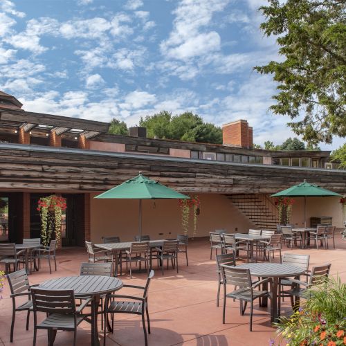 The image shows an outdoor patio with tables, chairs, and green umbrellas, surrounded by plants and artwork, against a modern building backdrop.