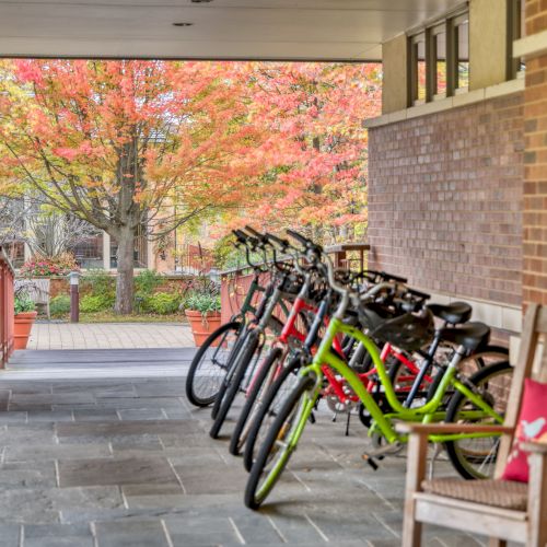 A quaint European street with bicycles leaned against a cafe wall, warm tones, outdoor seating, and potted plants lining the scene.