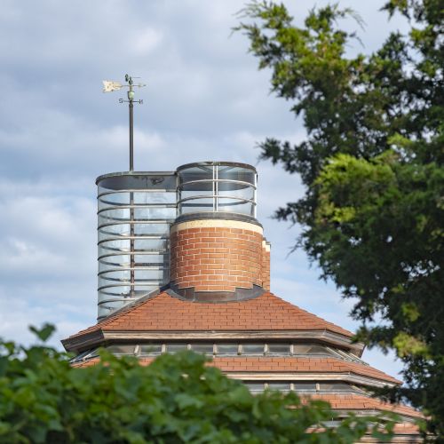 The image shows the top of a brick building with a metal chimney and a weathervane, surrounded by trees against a cloudy sky.