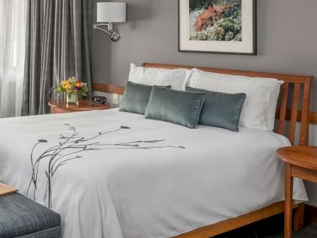 A neatly made bed with a white comforter, gray pillows, and bedside tables, set in a modern room with a framed wall picture.