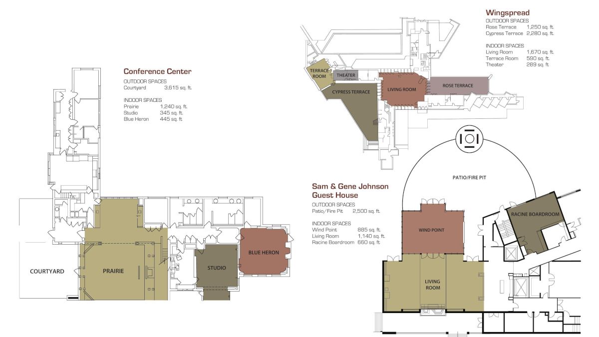 This image shows floor plans of a conference center and guest house, labeled with room names and dimensions.